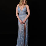 Ethereal blue elegance with floral embellishments and a dramatic thigh-high slit.