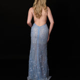 Ethereal blue elegance with floral embellishments and a dramatic thigh-high slit.