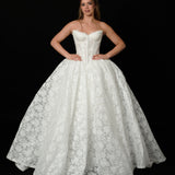 lace ballgown wedding dress featuring dramatic hips, corsetry, and timeless royal elegance for hire