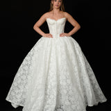 lace ballgown wedding dress featuring dramatic hips, corsetry, and timeless royal elegance for hire