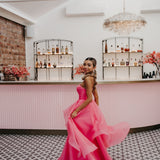 Hot Pink Organza ruffled dress with lace up back