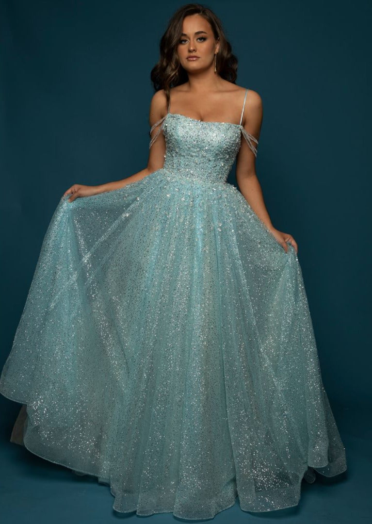 Sparkling baby blue princess dress with crescent moon neckline and cry