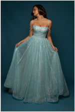 Sparkling baby blue princess dress with crescent moon neckline and crystal off the shoulders for hire