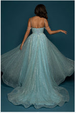 Sparkling baby blue princess dress with crescent moon neckline and crystal off the shoulders