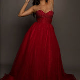 Sparkling dark red tulle dress with beaded top for hire