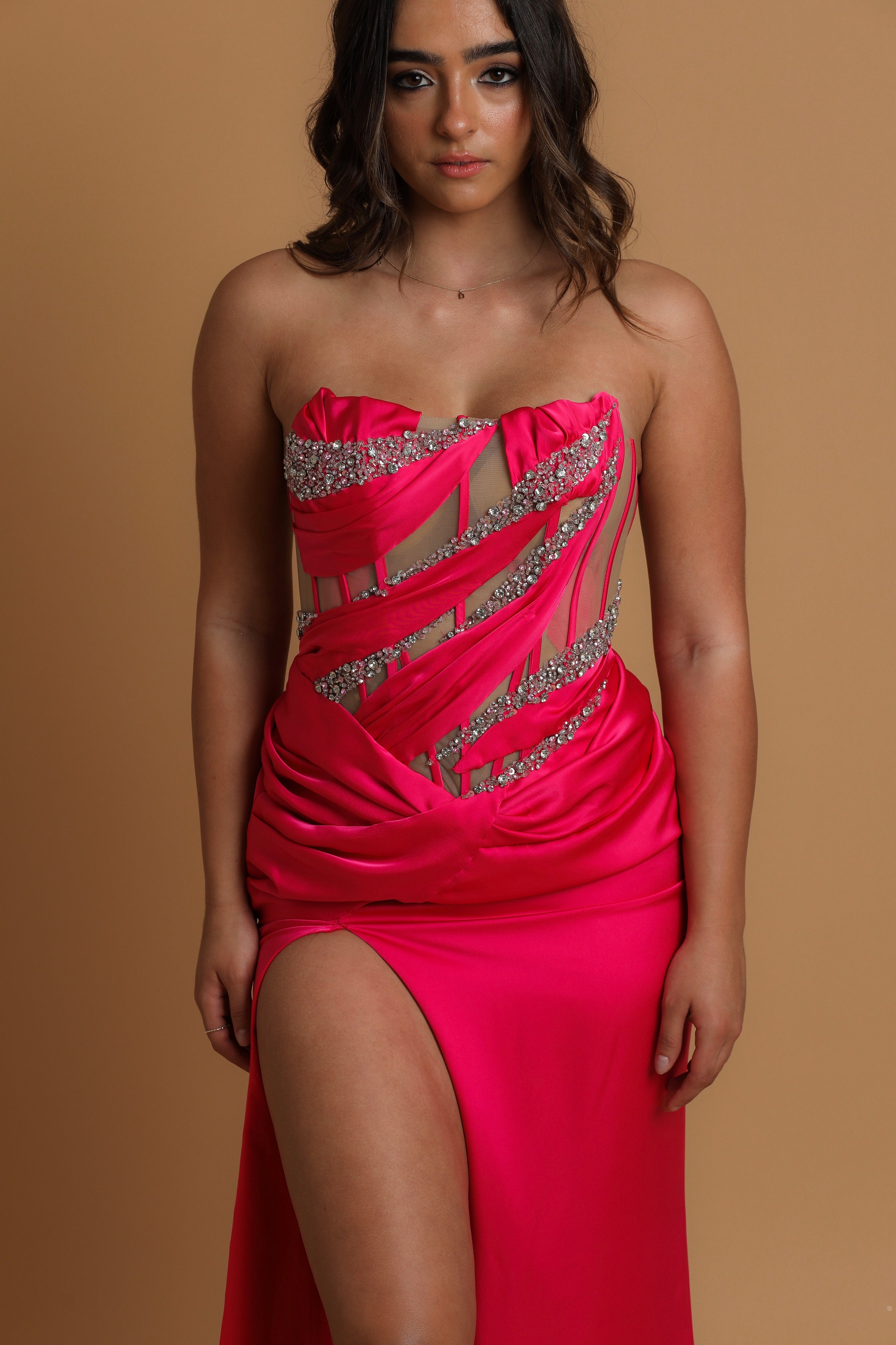 hot pink mesh panelling corset dress for hire – Destiny Chic