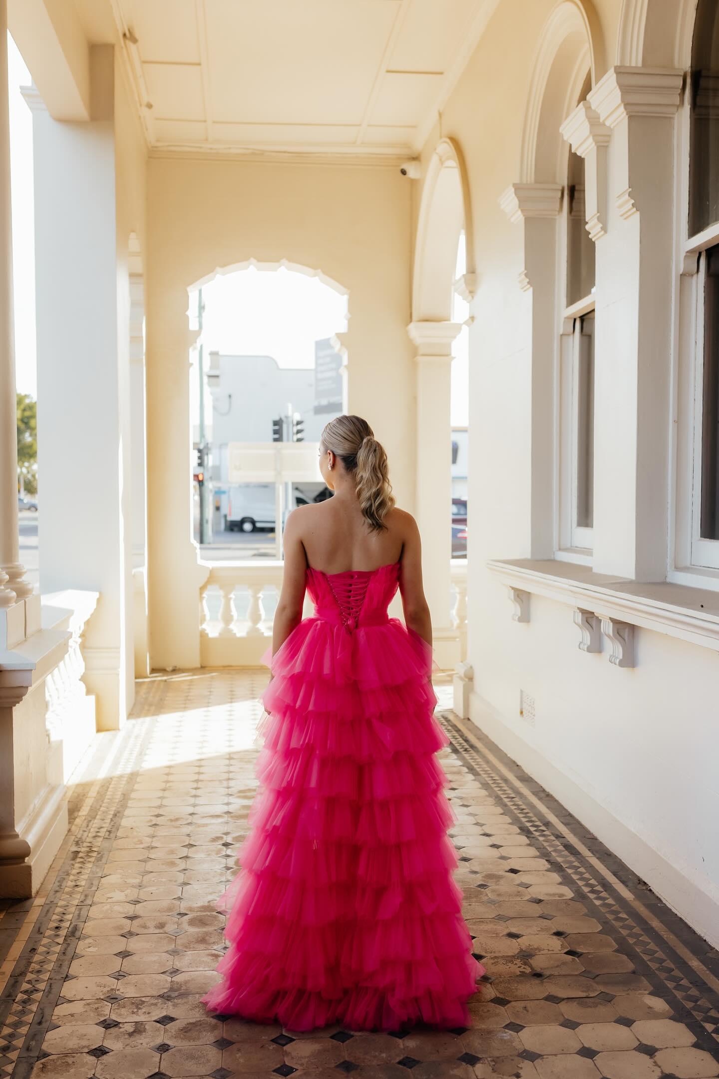 rule the runway hot pink tulle bustier tiered maxi dress Hot Pink Tulle A-line Strapless Tiered Prom Dress, MP974