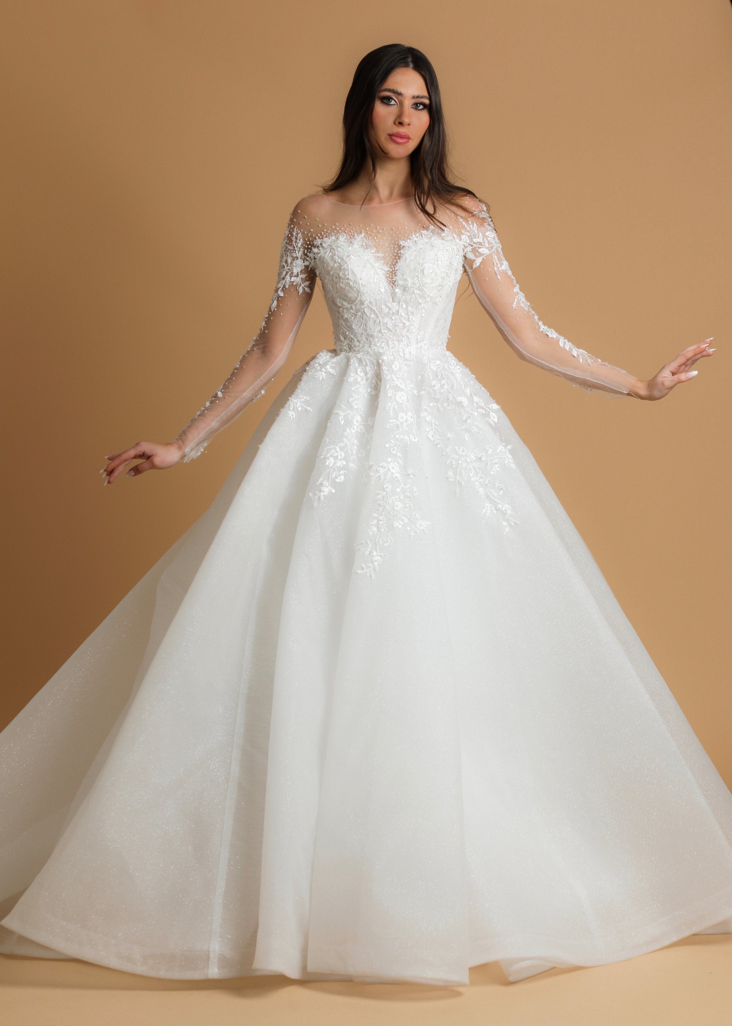 White Sparkling Sequin Tulle Wedding Dress with long sleeves
