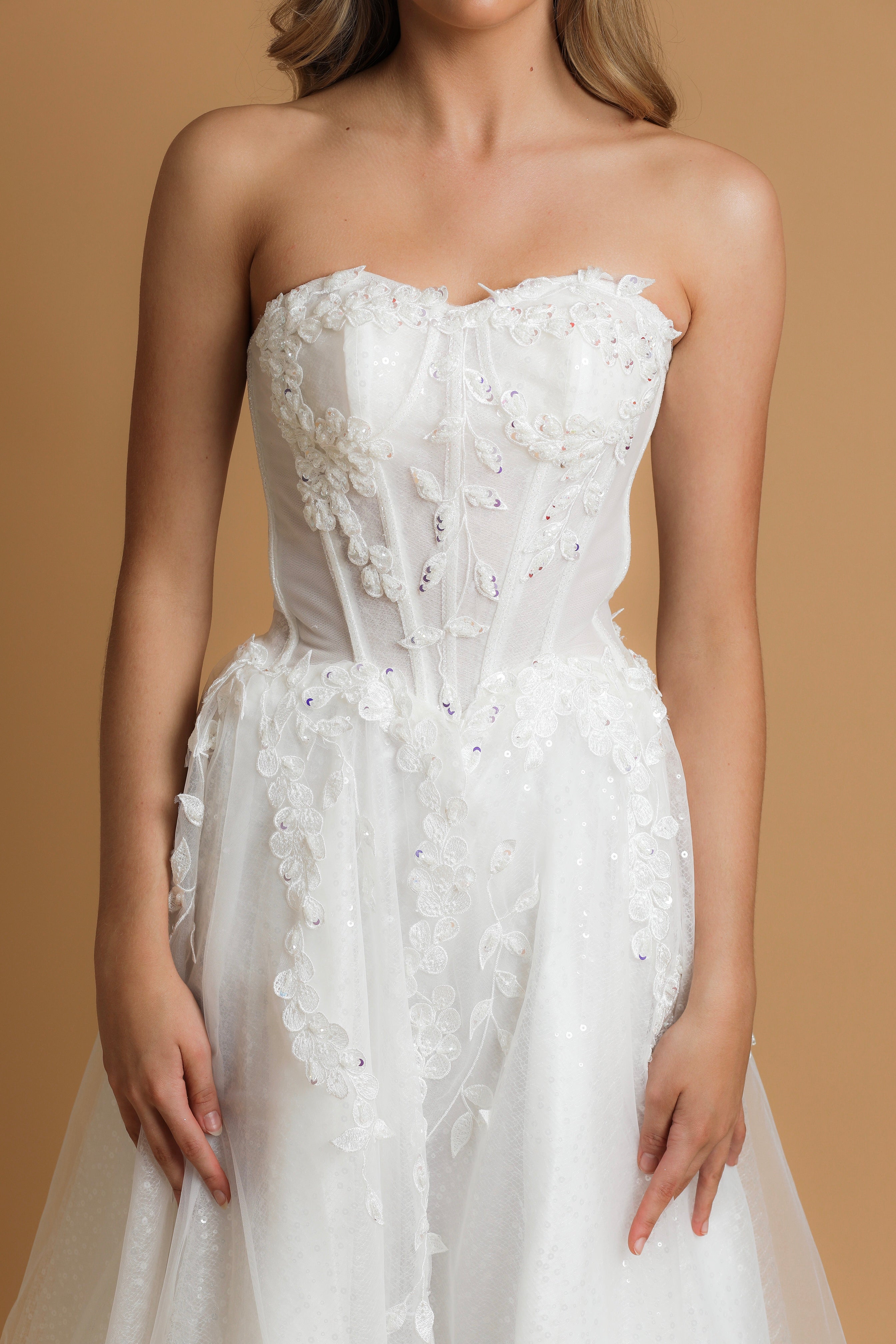 strapless corset wedding dress with flower lace detail – Destiny Chic