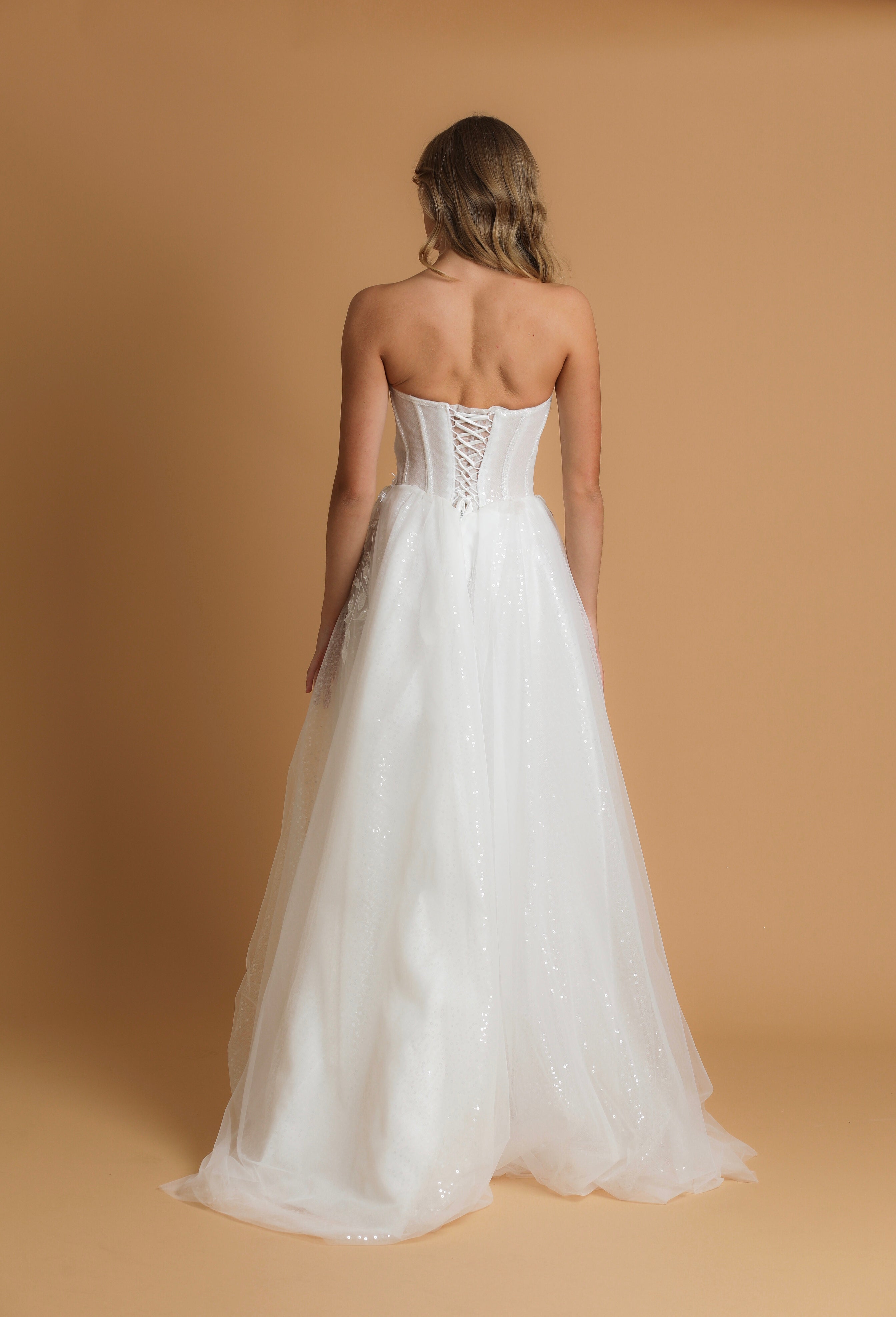 strapless corset wedding dress with flower lace detail – Destiny Chic