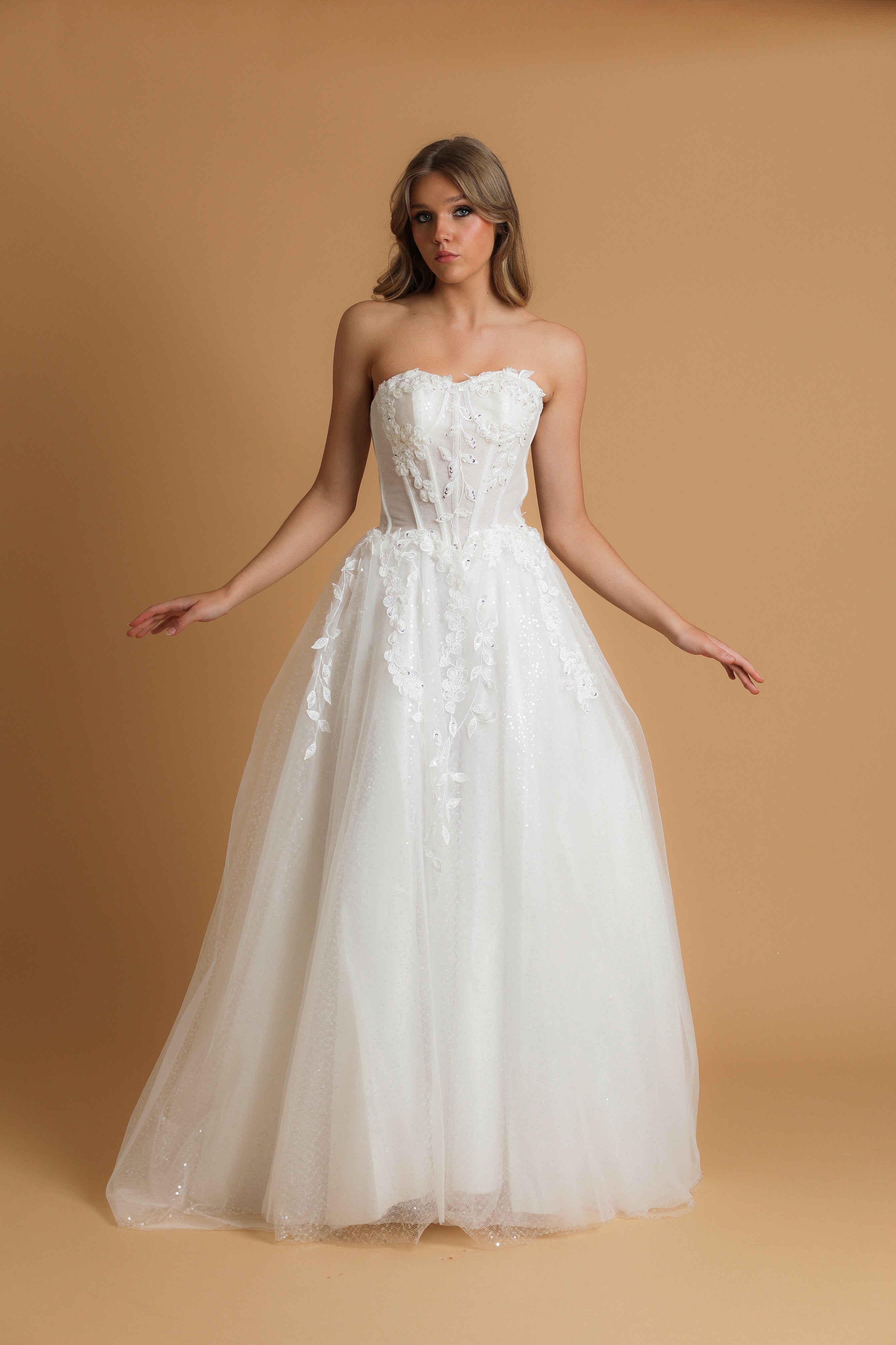 strapless corset wedding dress with flower lace detail – Destiny Chic