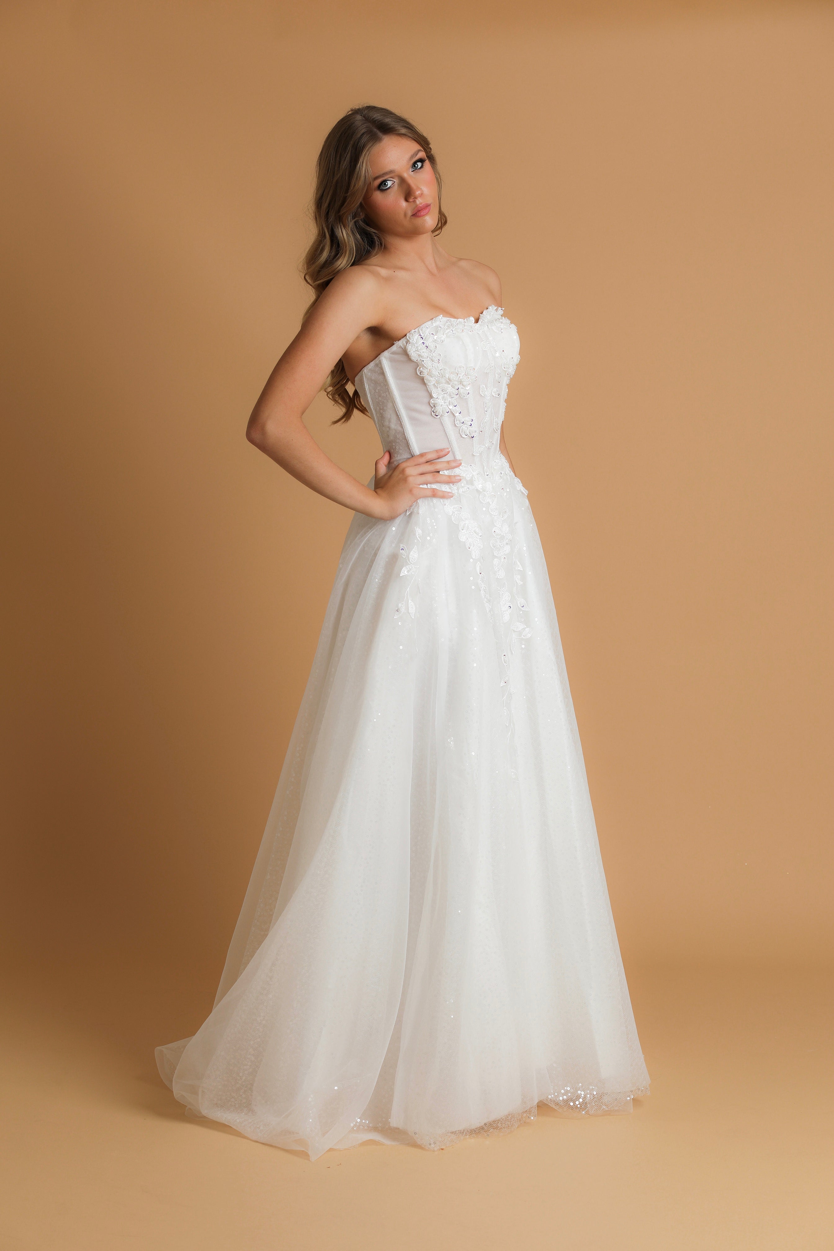 Strapless corset wedding dress with flower details for hire Destiny Chic Strapless corset wedding dress with flower details for hire Destiny Chic