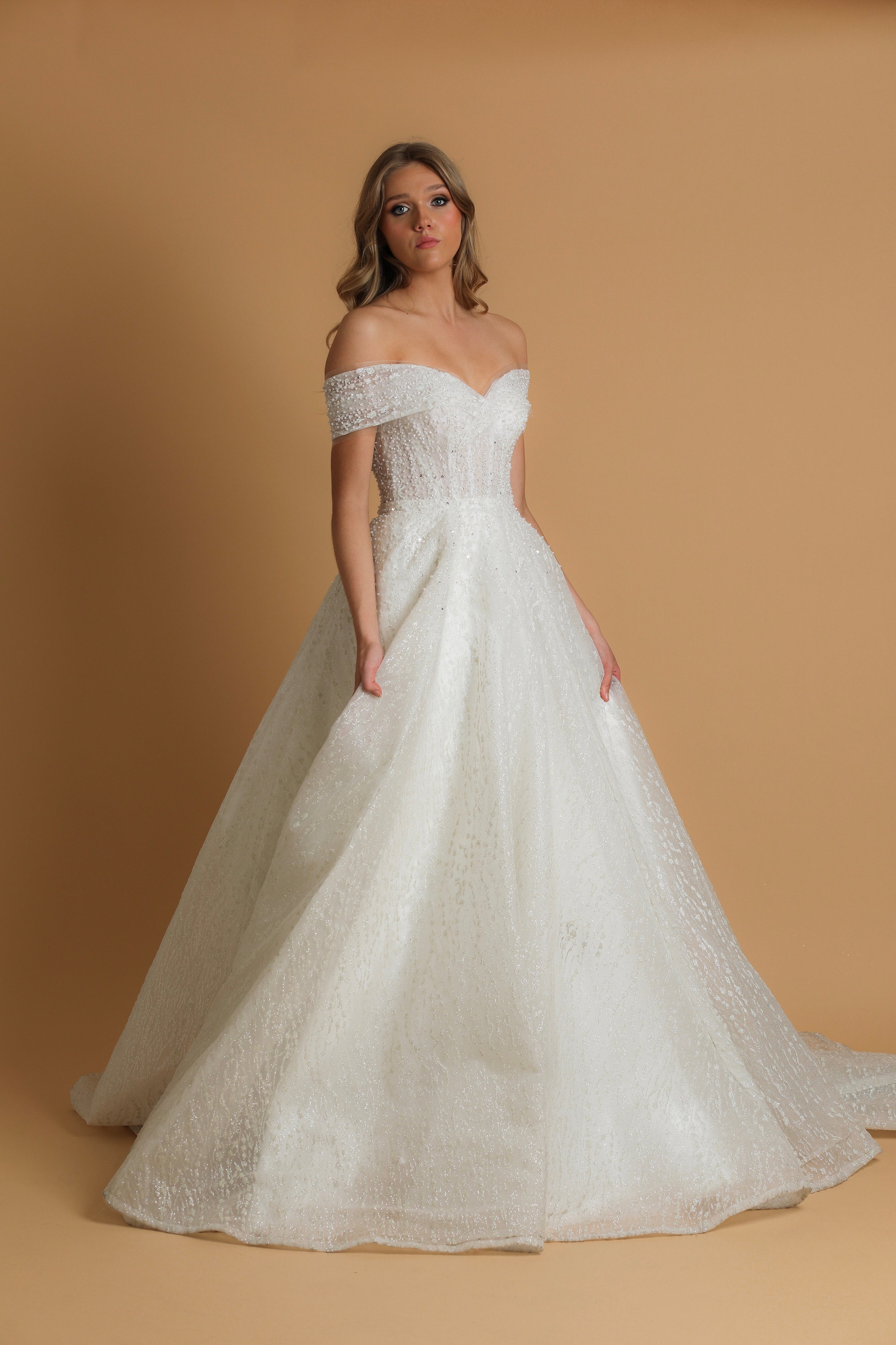 Off the shoulder lace up back wedding dress for hire – Destiny Chic