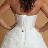White sparkling scallop neckline with basque waist dress