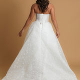 White sparkling scallop neckline with basque waist dress