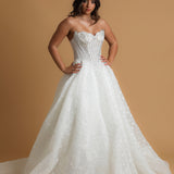 White sparkling scallop neckline with basque waist dress