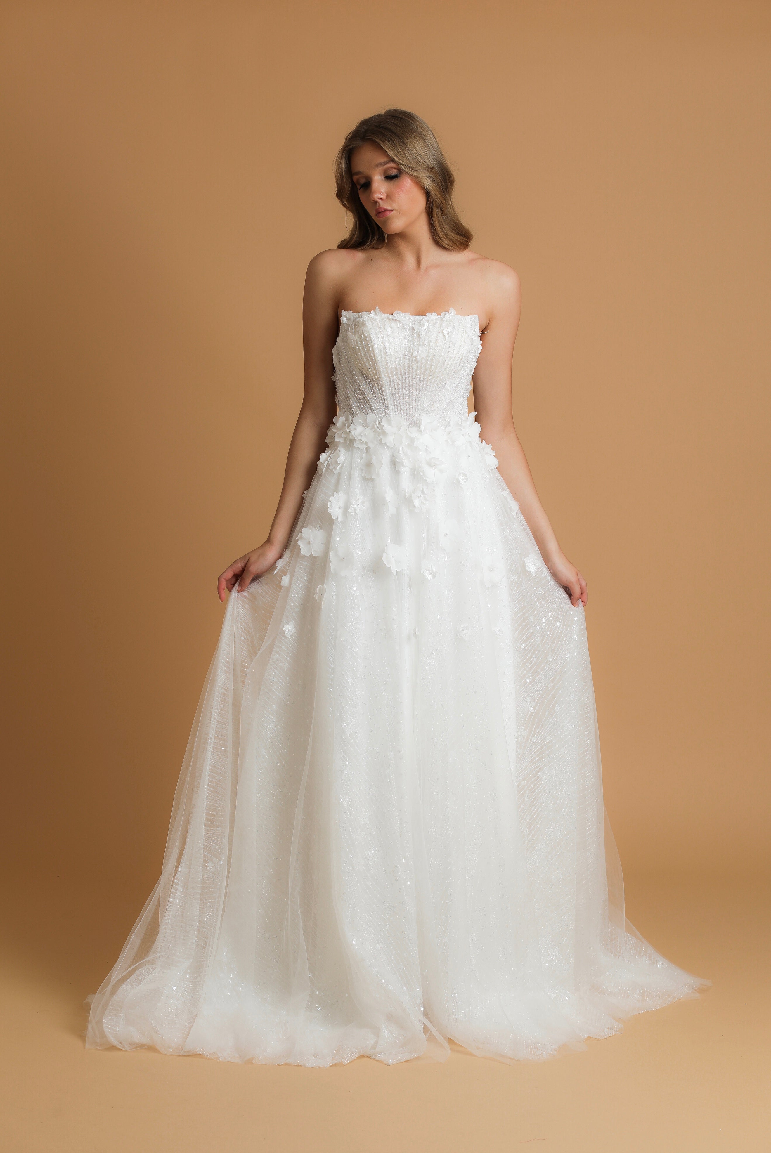 Strapless corset wedding dress with flower details for hire – Destiny Chic