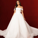 Elodie folded wrapped satin top with plain poofy tulle skirt and off the shoulder sleeves for hỉre