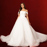 Elodie folded wrapped satin top with plain poofy tulle skirt and off the shoulder sleeves for hỉre