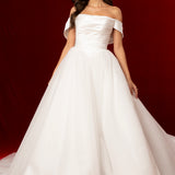 Elodie folded wrapped satin top with plain poofy tulle skirt and off the shoulder sleeves for hỉre