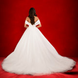 Elodie folded wrapped satin top with plain poofy tulle skirt and off the shoulder sleeves for hỉre