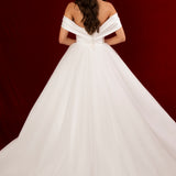 Elodie folded wrapped satin top with plain poofy tulle skirt and off the shoulder sleeves for hỉre