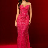 Hot pink beaded Basque waist open back dangling lace v neck corset top mermaid dress