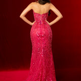Hot pink beaded Basque waist open back dangling lace v neck corset top mermaid dress