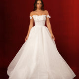 Sparkling off the shoulder 3D flower sleeves wedding dress with long beaded stripes handsewn on the dress for hire
