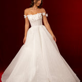 Sparkling off the shoulder 3D flower sleeves wedding dress with long beaded stripes handsewn on the dress for hire