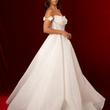 Sparkling off the shoulder 3D flower sleeves wedding dress with long beaded stripes handsewn on the dress for hire