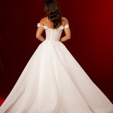 Sparkling off the shoulder 3D flower sleeves wedding dress with long beaded stripes handsewn on the dress for hire