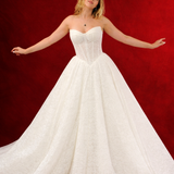 white lace ballgown featuring a strapless sweetheart neckline, basque waistline, corset back, and voluminous crinoline skirt