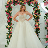 Light champagne wedding ballgown featuring a straight neckline, delicate beaded straps, sheer sparkling bodice, basque waistline, and corset back for hire