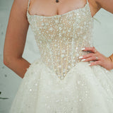 Light champagne wedding ballgown featuring a straight neckline, delicate beaded straps, sheer sparkling bodice, basque waistline, and corset back for hire