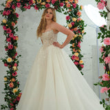 Light champagne wedding ballgown featuring a straight neckline, delicate beaded straps, sheer sparkling bodice, basque waistline, and corset back for hire