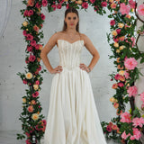 two-piece gown with beaded corset, satin skirt, and sweetheart neckline for hire