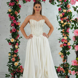 two-piece gown with beaded corset, satin skirt, and sweetheart neckline