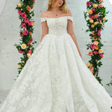 Sparling off the shoulder floral lace wedding dress with a corset back
