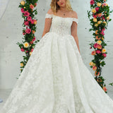 Sparling off the shoulder floral lace wedding dress with a corset back