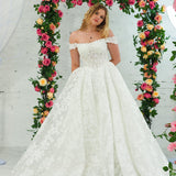 Sparling off the shoulder floral lace wedding dress with a corset back