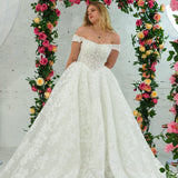 Sparling off the shoulder floral lace wedding dress with a corset back
