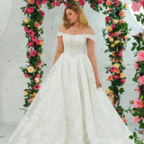 Sparling off the shoulder floral lace wedding dress with a corset back
