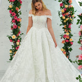 Sparling off the shoulder floral lace wedding dress with a corset back
