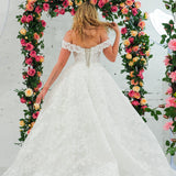 Sparling off the shoulder floral lace wedding dress with a corset back