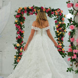 Sparling off the shoulder floral lace wedding dress with a corset back