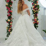 Sparling off the shoulder floral lace wedding dress with a corset back