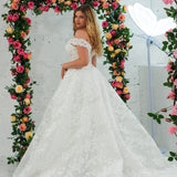 Sparling off the shoulder floral lace wedding dress with a corset back