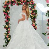 Sparling off the shoulder floral lace wedding dress with a corset back