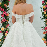 Sparling off the shoulder floral lace wedding dress with a corset back